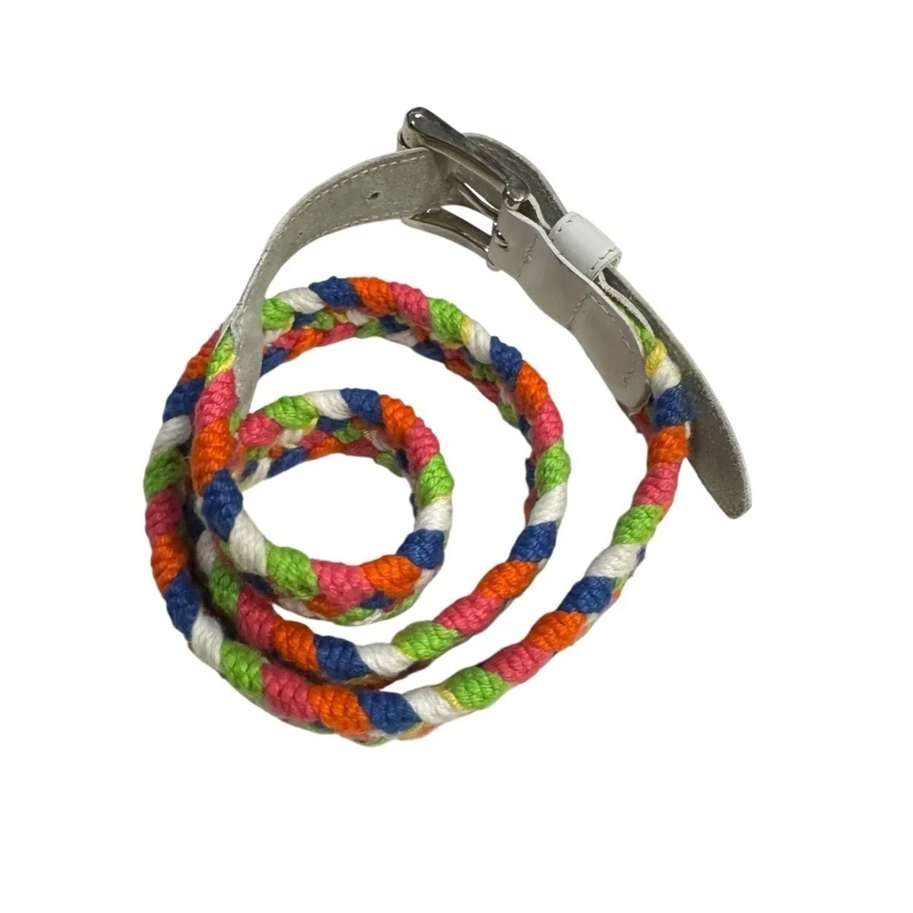 Vintage 1980s Liz Claiborne Braided Belt | Multicolor Cotton White Leather Trim